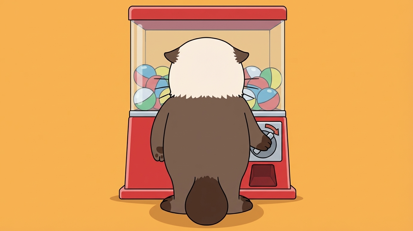 茶色のキャラクターがガムボールマシンのレバーを回している。