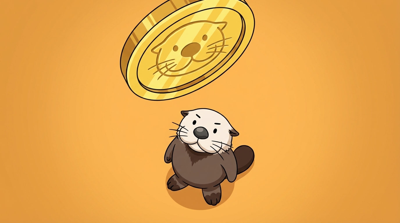 ラッコのキャラクターが、顔の刻印がある金貨を見上げている。